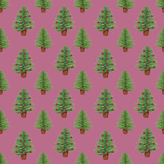 Festive Christmas tree pattern, Watercolor winter pattern, Wrapping paper ornament, Watercolor Christmas background,  Fabric pattern, Seamless wallpaper, Fir tree pink background