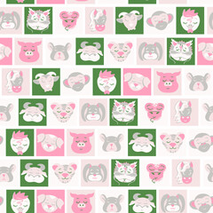 Pattern of Chinese zodiac with twelve animals. Vector cute animals: rat, bull, tiger, rabbit, dragon, snake, horse, goat, monkey, rooster, dog, boar