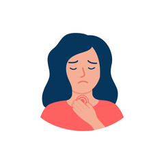 Sore throat of girl, pain and inflammation in neck. Woman holds on to her throat. Painful sensations. Contacting an otolaryngologist for help treatment. Vector illustration