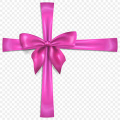 Beautiful pink bow with crosswise ribbons with shadow, isolated on transparent background. Transparency only in vector format