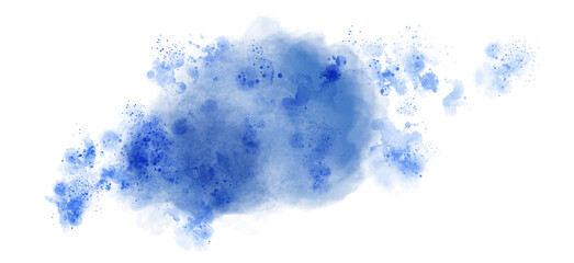 Small splashes on blue transparent watercolor stains. Watercolor abstract illustration with blue spots and splashes on a white background.