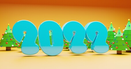 two thousand twenty-two blue color surrounded by christmas trees