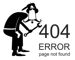Error 404 page not found concept illustration, webpage banner. 
Person with a big wrench stays near a sign error 404 page not found black on white background
