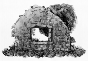 Naklejka premium Ruins of an old castle. Watercolor drawing. Sunny day landscape. Old building. 