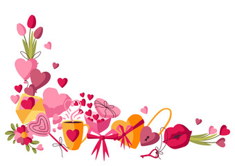 Happy Valentine Day decoration. Holiday background with romantic and love symbols.