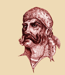 A pirate in a bandana. The stern gaze of a seasoned sailor. A grim face with wrinkles. A man with a mustache.
