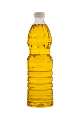 Vegetable oil in plastic bottle isolated on white background with clipping path