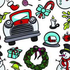 Vector seamless pattern. New Year and Christmas elements on white background: car, dollar tree, snowball, sweets