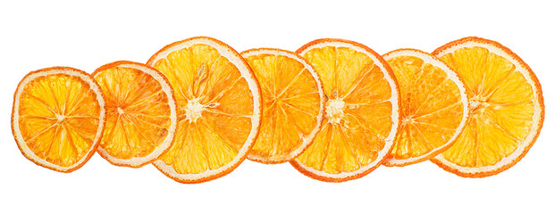 Dried orange slices isolated on a white background. Round slices of dried orange, top view.