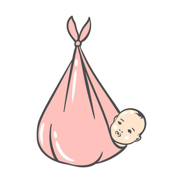 Illustration of newborn baby girl. Happy Birthday image. Holiday baby shower simbol.