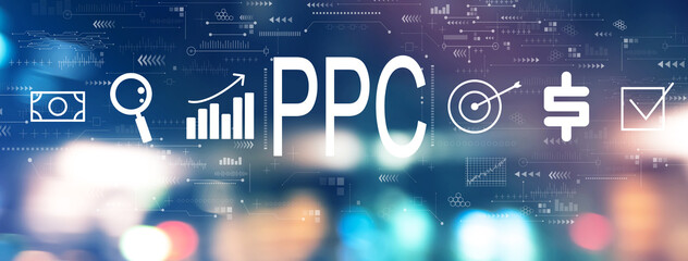 Obraz premium PPC - Pay per click concept with blurred city lights at night