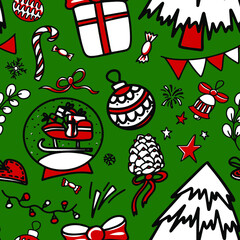 Vector seamless pattern. New Year and Christmas elements on green background: Tree, stars, snowball, gift, present, ball, sweets