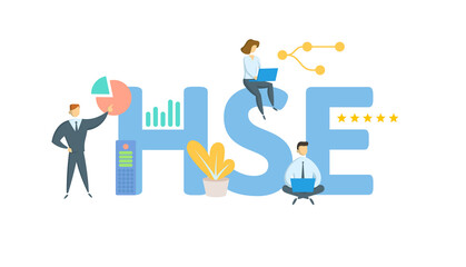 HSE, Health Safety Environment. Concept with keyword, people and icons. Flat vector illustration. Isolated on white.