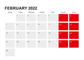 2022 February planner calendar design. Week starts from Monday.