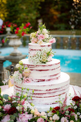 Three layers white wedding cake displayed on table with beautiful garden background - 468246006