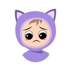 Avatar of child with crying and tears emotion, sad face, depressive eyes in cat hat. Cute kid with melancholy expression in autumnal or winter headdress. Head of adorable baby 