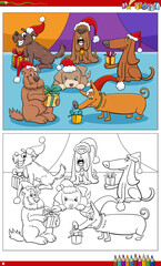 Obraz na płótnie Canvas cartoon dog characters on Christmas time coloring book page