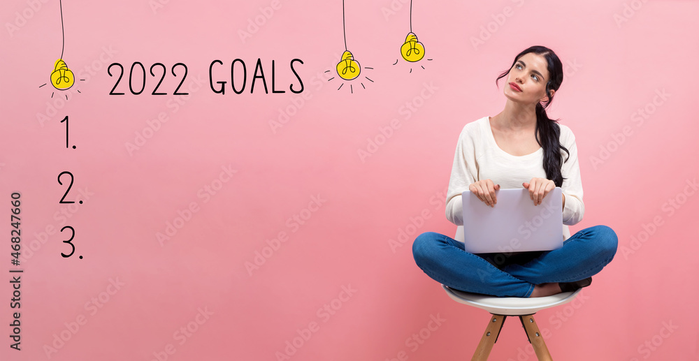 Sticker 2022 goals with young woman using a laptop computer