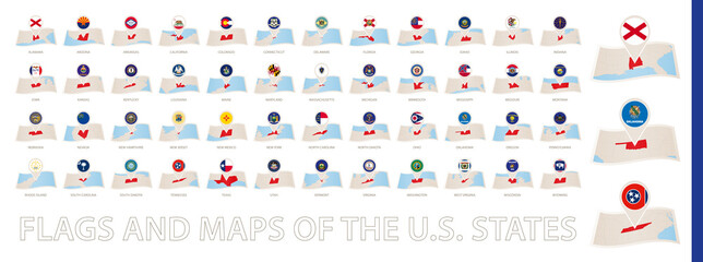 Collection of folded paper maps with a flag pin of US States, sorted alphabetically. Flags and maps of the U.S. States.
