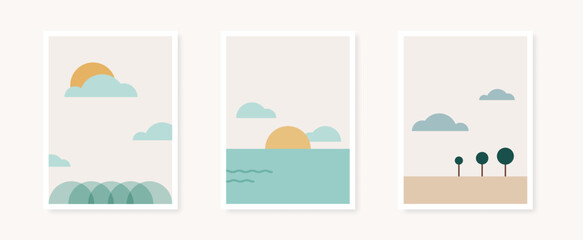 Abstract geometrical shapes poster collection. Geometric landscapes. Minimalist wall decoration, print or postcard. Vector illustration, flat design