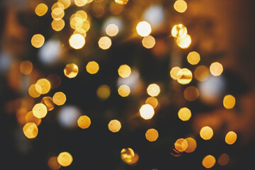 Golden Christmas lights bokeh. Christmas abstract background, glowing illumination on decorated christmas tree defocused in evening festive room. Merry Christmas and Happy holidays