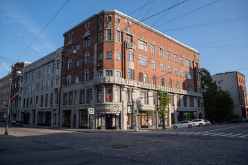 Naklejka premium Finnish north modern style building on Vyborg street.Russia.