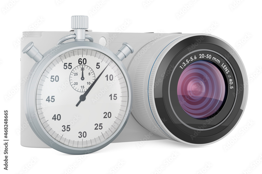 Poster digital camera with stopwatch, 3d rendering