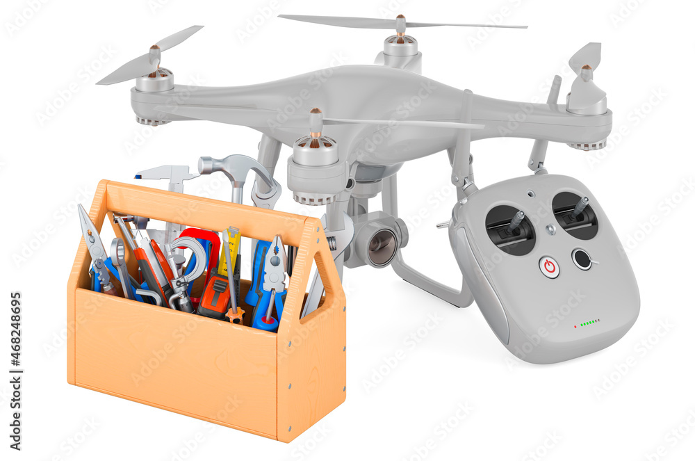 Poster drone with toolbox. service and repair of drone. 3d rendering