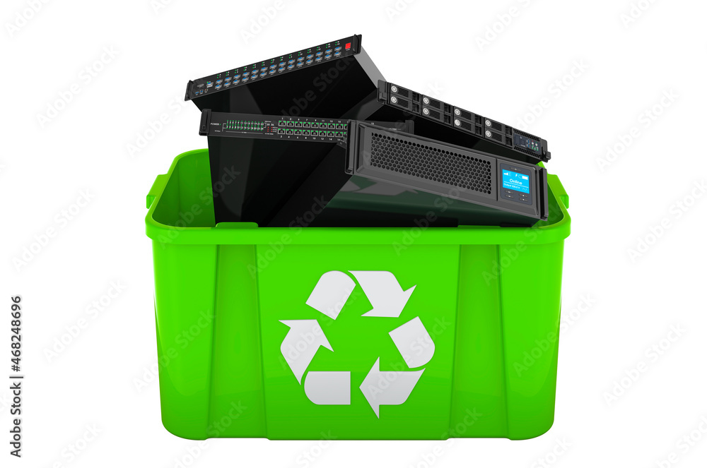 Poster recycling trash can with server equipment. 3d rendering