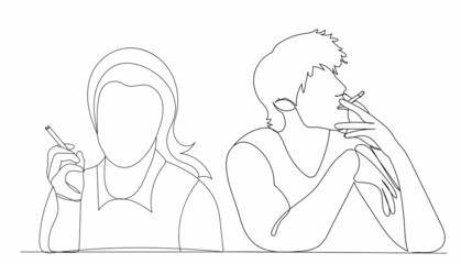 man and woman smoking one continuous line drawing, vector, isolated