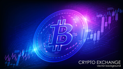 Neon bitcoin on a dark blue background. Abstract vector image. Cryptocurrency growth charts and stock charts. Online banking and e-commerce. Digital electronic currency. Future technologies..