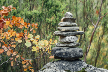 Balance stones on the rock in autumn forest