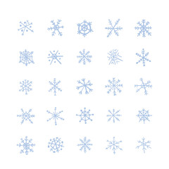 A set of blue snowflakes. Drawing in a doodle. Vector Illustration by hand.
