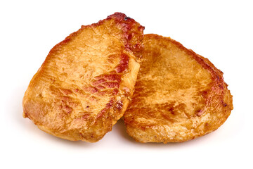 Juicy roasted pork steaks, isolated on white background.