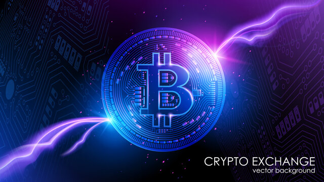 Neon bitcoin on a dark blue background. Abstract vector image. Flash of electric lightning against the background of computer microchips. Digital electronic currency. Cryptocurrency. Online banking.