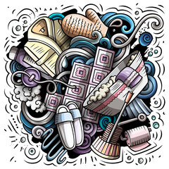 Bathroom hand drawn vector doodles illustration. Bath room poster design.