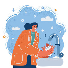 Vector illustration of woman washing her hands with soap under tap.
