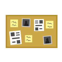 Bulletin board. Documents, messages and photos on wall. Scenery of detective story. Flat cartoon illustration