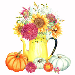 Sunflowers bouquet, pumpkins, autumn leaves. Isolated elements on a white background. Hand painted in watercolor.