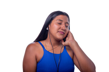 Black woman with straight hair listening to music with headphones. Latin woman enjoying music with closed eyes isolated on all white background.