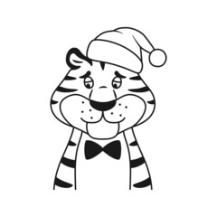 Black and white line sad striped tiger in Santa hat portrait isolated on white background. Cute unhappy wild cat coloring page. New Year symbol. Holiday upset animal character vector illustration.
