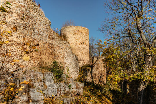 Ruins of Valdek Castle in Central Bohemia,Brdy,Czech Republic.It was built in 13th century by aristocratic family.Now there is military training area Jince around and it is abandoned.Sunny fall day