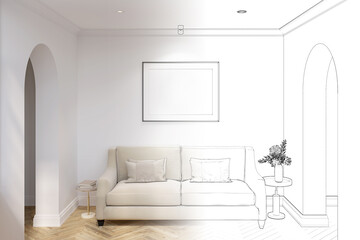 A sketch becomes a real modern classic hall with a blank horizontal poster above a light beige sofa with two coffee tables on the sides, a ceiling with built-in lights, two arched doorways. 3d render
