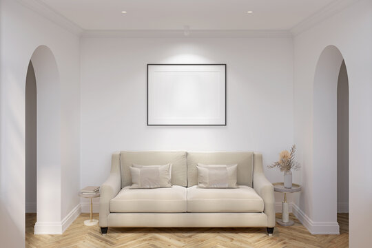 White modern classic hall with a blank horizontal poster above a light beige sofa with two coffee tables on the sides, a ceiling with built-in lights, two arched doorways, parquet floor. 3d render