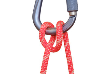 Munter hitch tied with red rope on carabiner, isolated on white background. This adjustable knot...