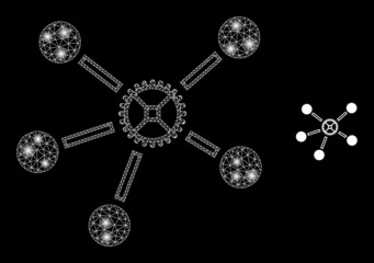 Glossy polygonal mesh web gear links icon with glare effect on a black background. Constellation gear links iconic vector with illuminated dots in bright colors.