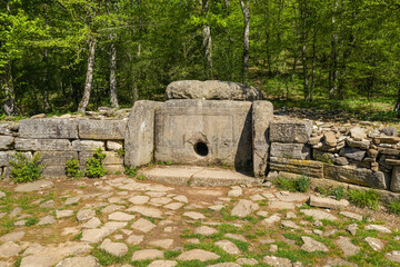 The North Caucasus. Megalithic dolmen in the valley of the river Zhane. Aerial view.