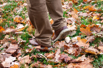 a man's feet walk through the autumn foliage