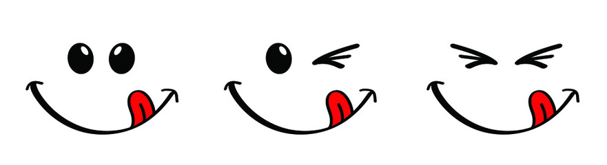 Yummy smile with tongue lick mouth. World smile day or month Food logo. Funny vector laugh cartoon comic sign. Delicious, tasty eating emoji lip face.