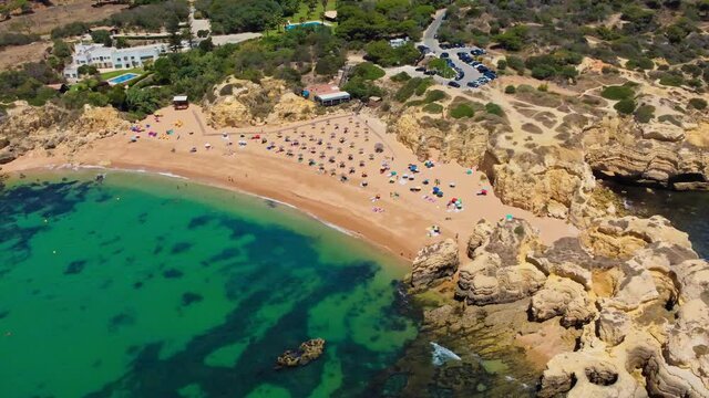 Aerial drone view of Praia do Castelo beach, Albufeira, Algarve, Portugal